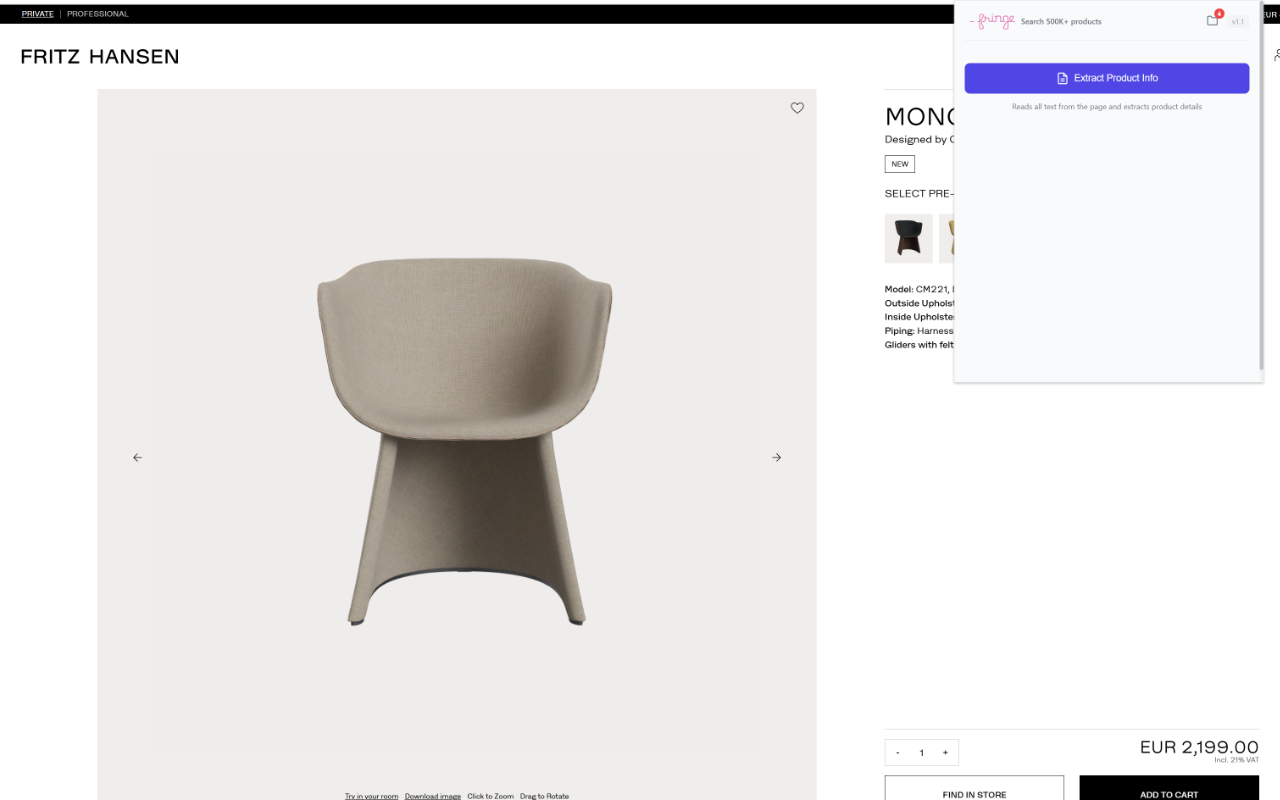 Fringe extension showing Extract Product Info button on Fritz Hansen website