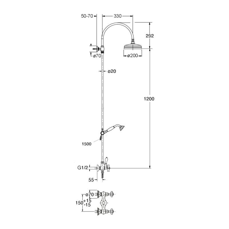 Londra CRILD409 - Dual-control wall-mounted shower column dimensions