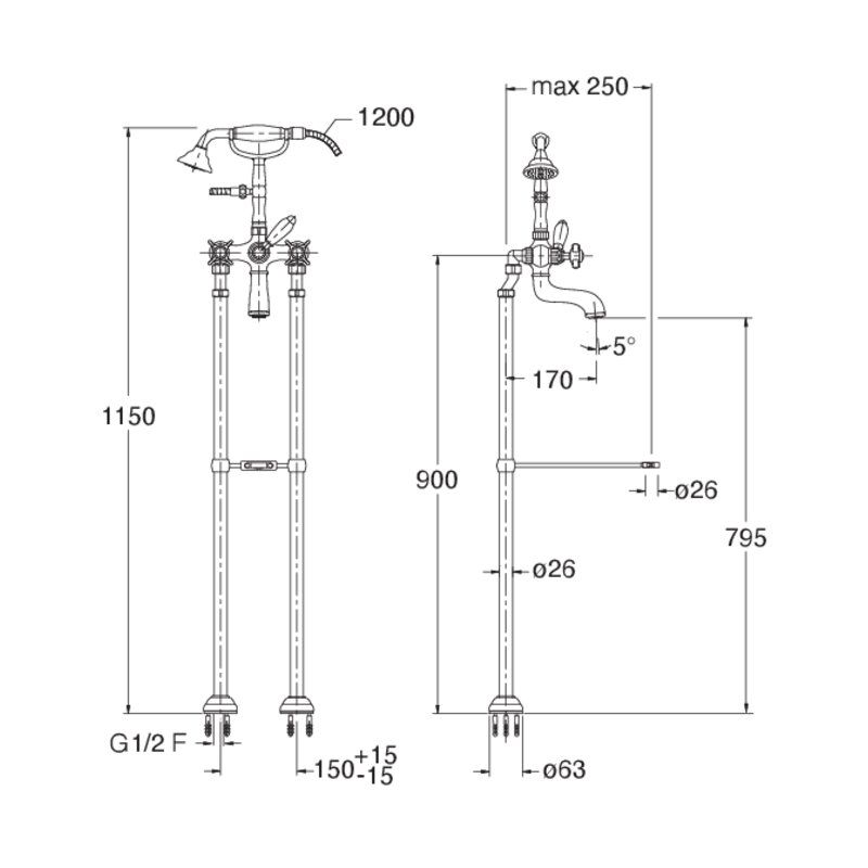 Londra CRILD102 - external bath mixer dimensions