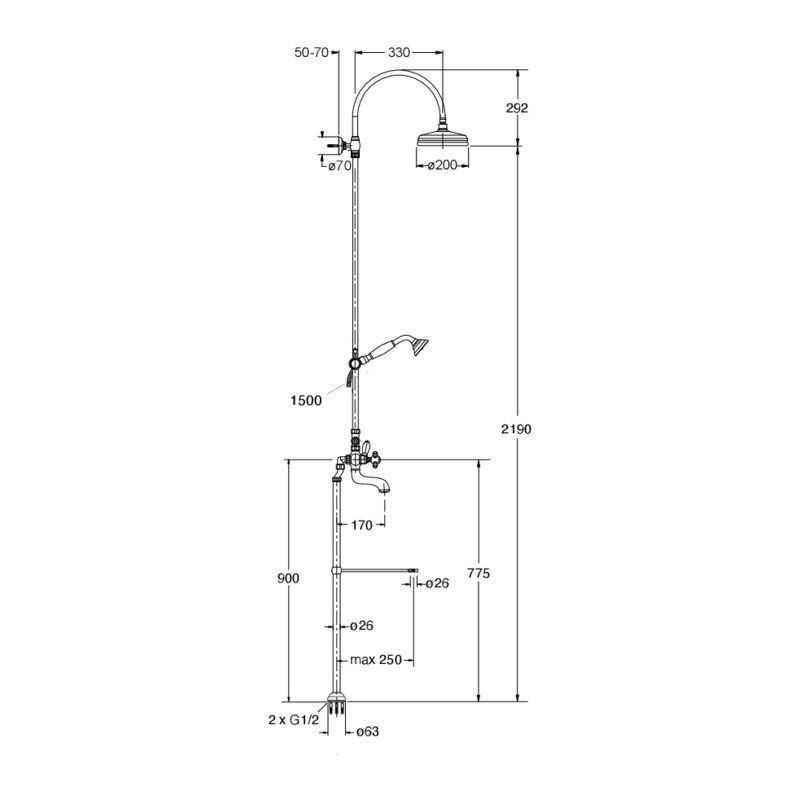 Londra CRILD103 - Dual-control floor standing 2-hole bathtub/shower column dimensions