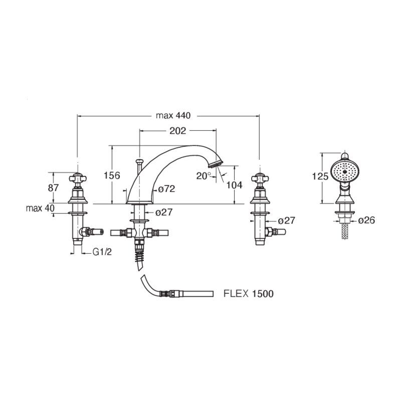Londra CRILD124 - deck mounted bath mixer dimensions