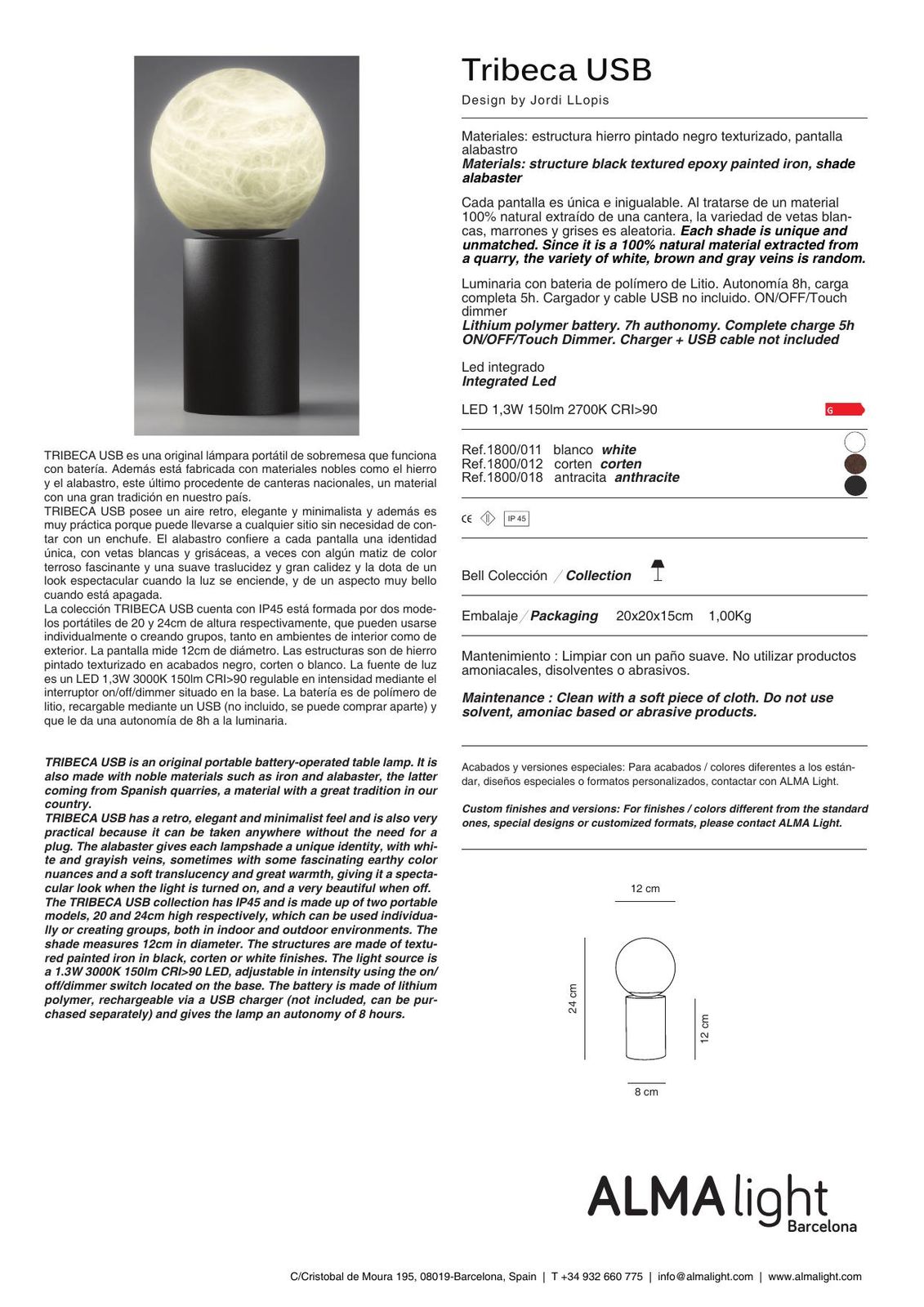 Tribeca USB Lamp (ref. 1800018) dimensions