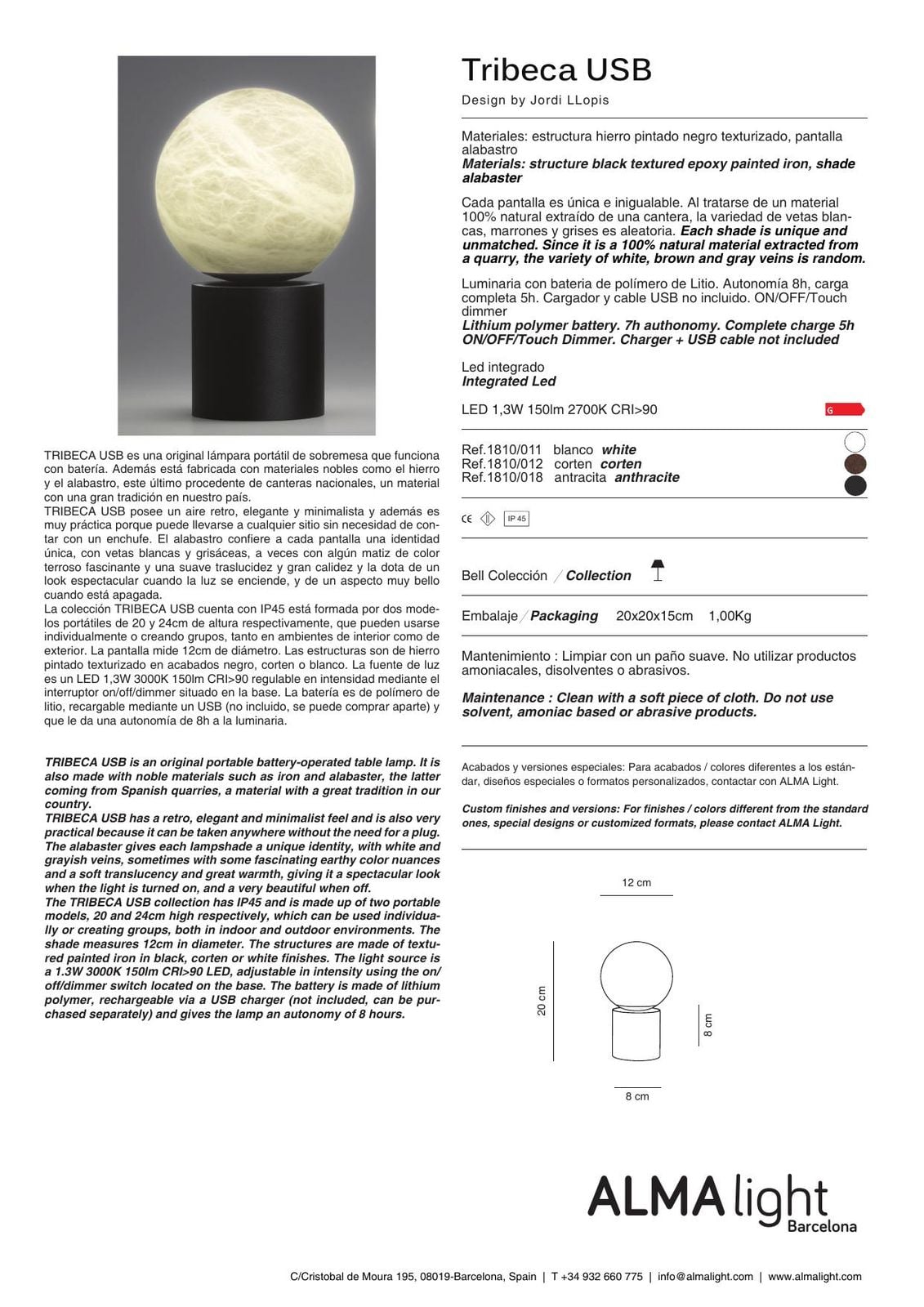 Tribeca USB Lamp (ref. 1810018) dimensions