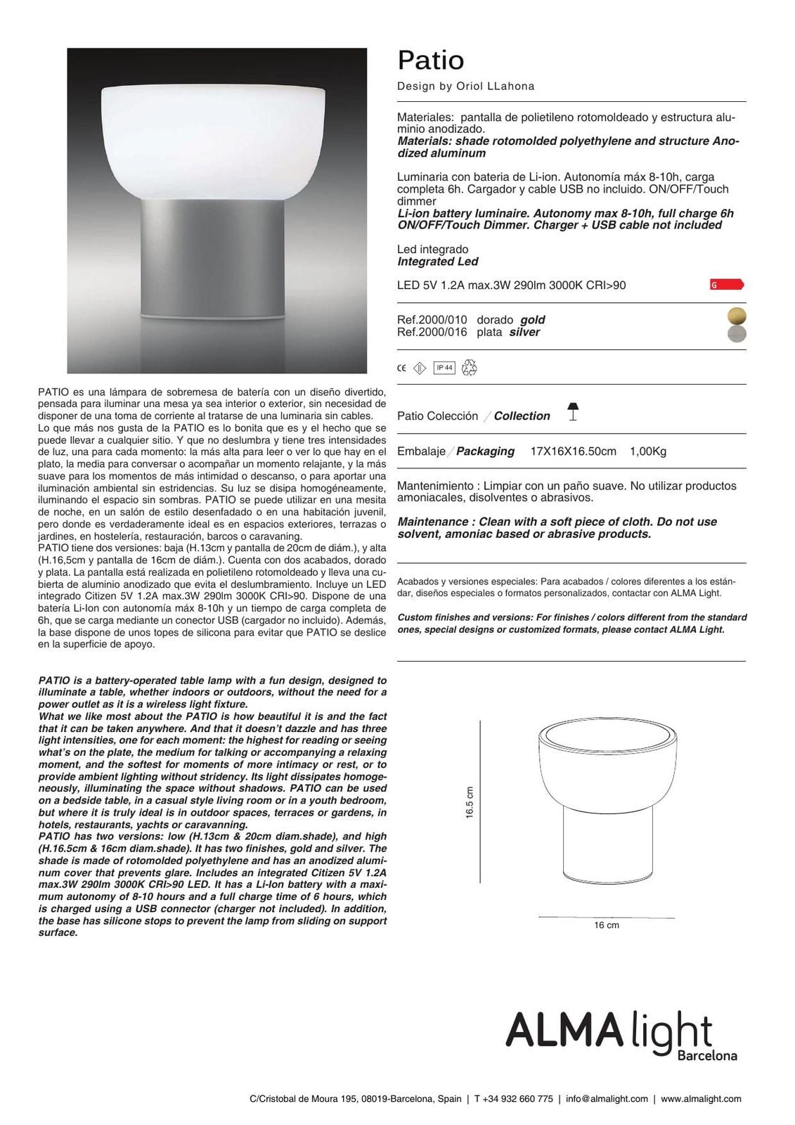Patio USB Lamp (ref. 2000) dimensions
