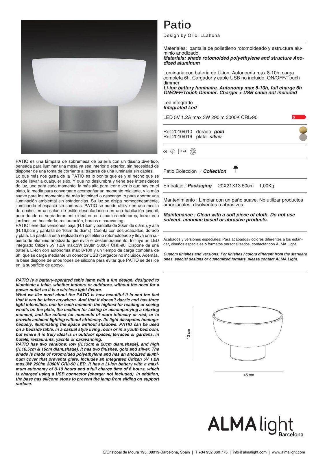 Patio USB Lamp (ref. 2010) dimensions