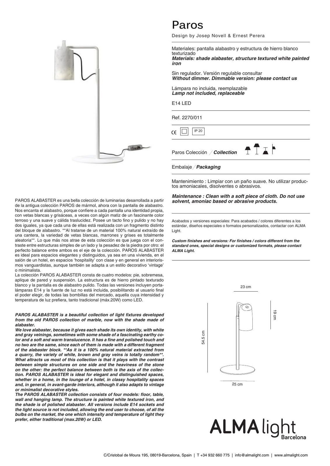 Paros Alabaster Wall Lamp (ref. 2270) dimensions