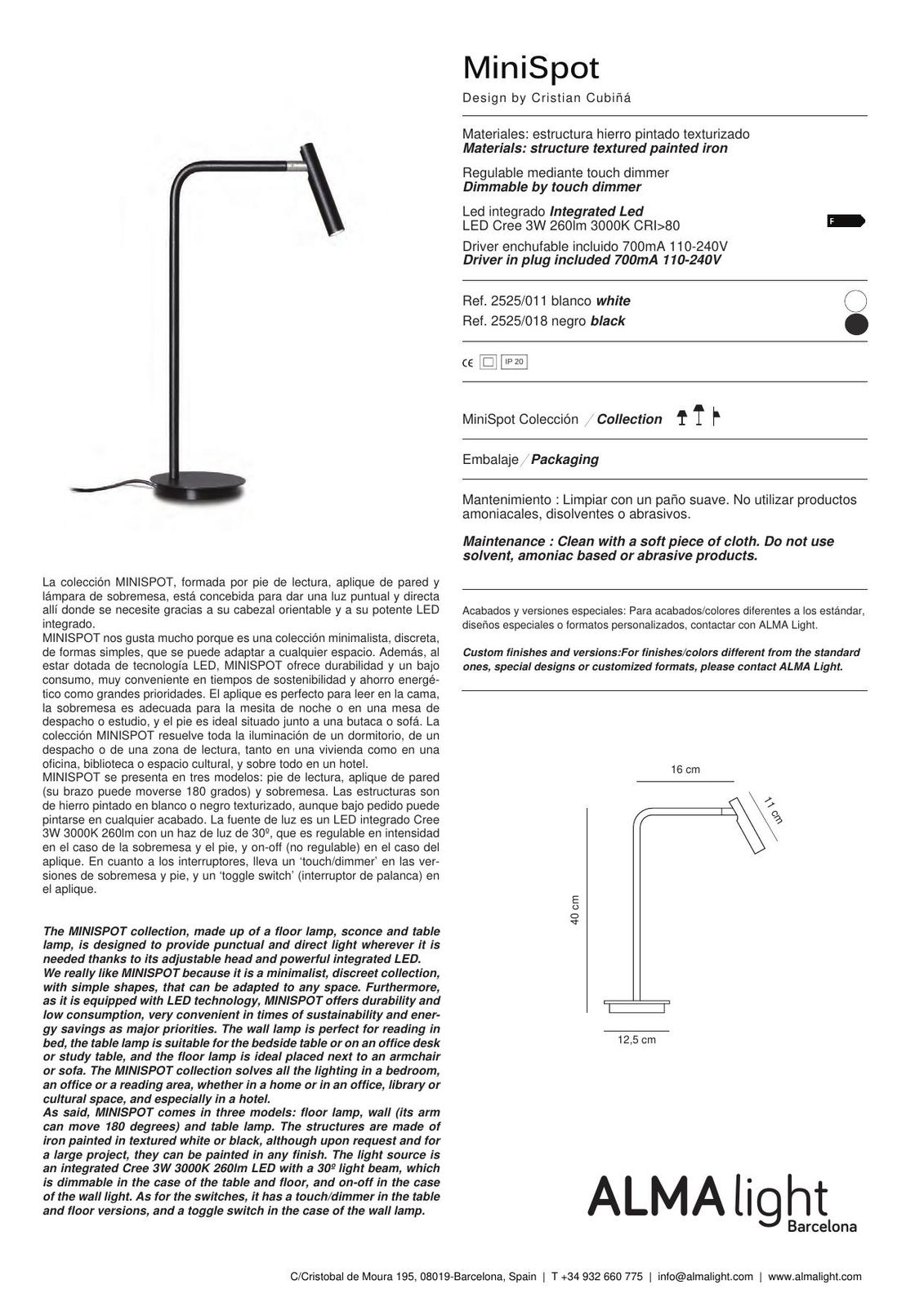 MiniSpot Wall Lamp (ref. 2525) dimensions