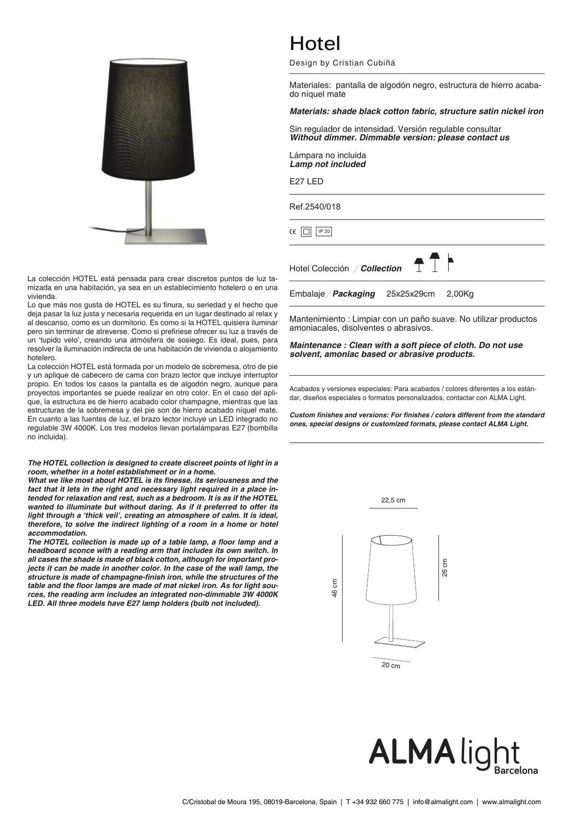 Hotel Wall Lamp (ref. 2540) dimensions