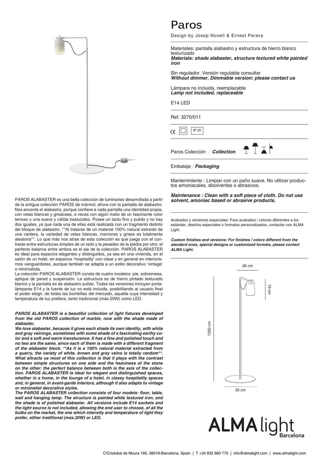 Paros Alabaster Wall Lamp (ref. 3270) dimensions