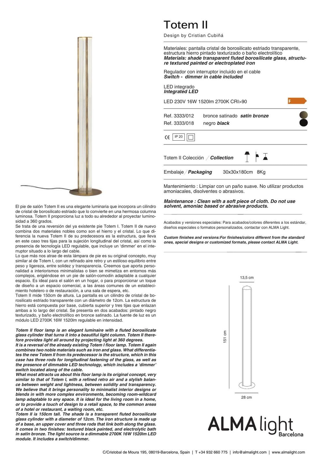 Totem II Wall Lamp (ref. 3333) dimensions