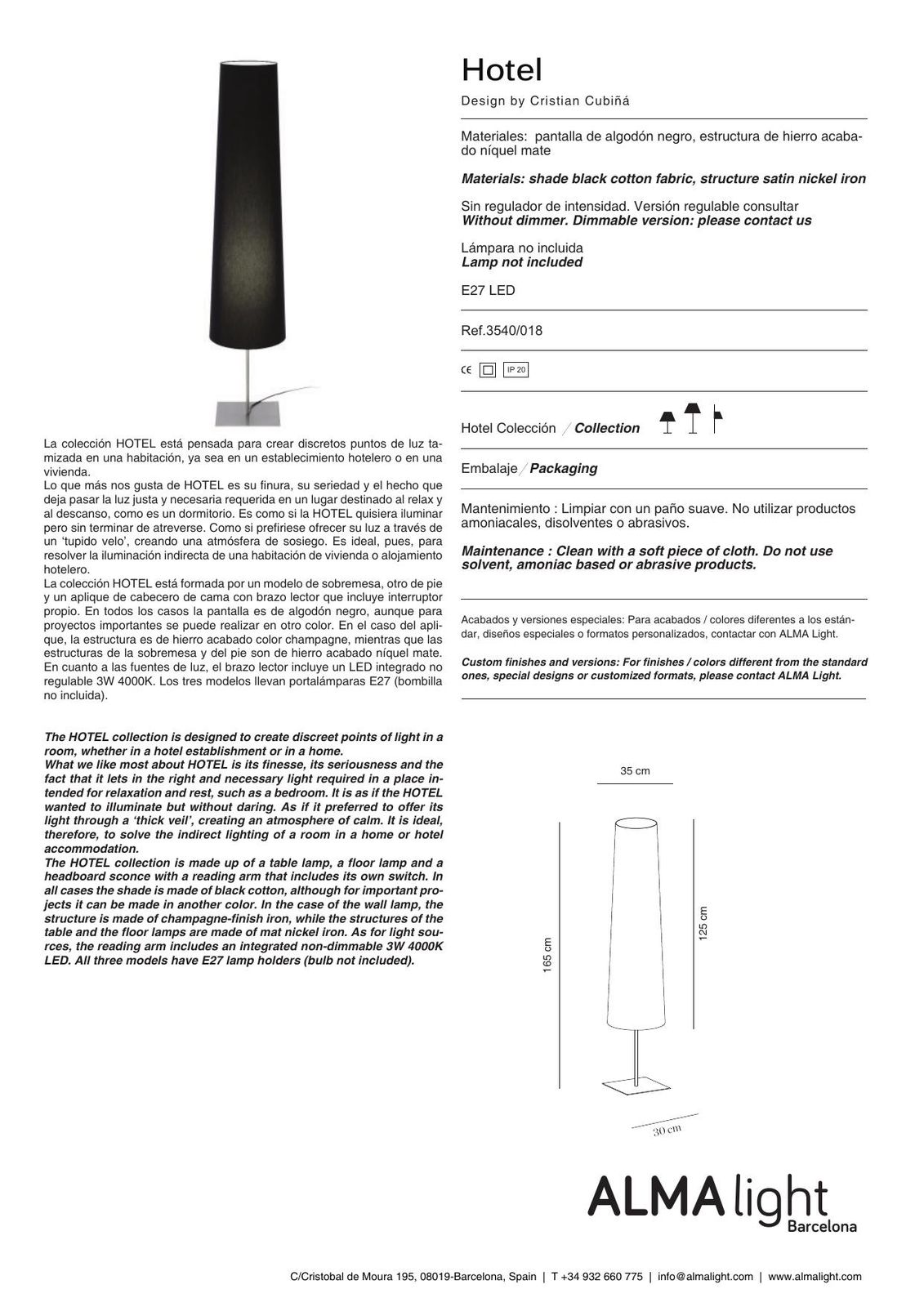 Hotel Wall Lamp (ref. 3540) dimensions