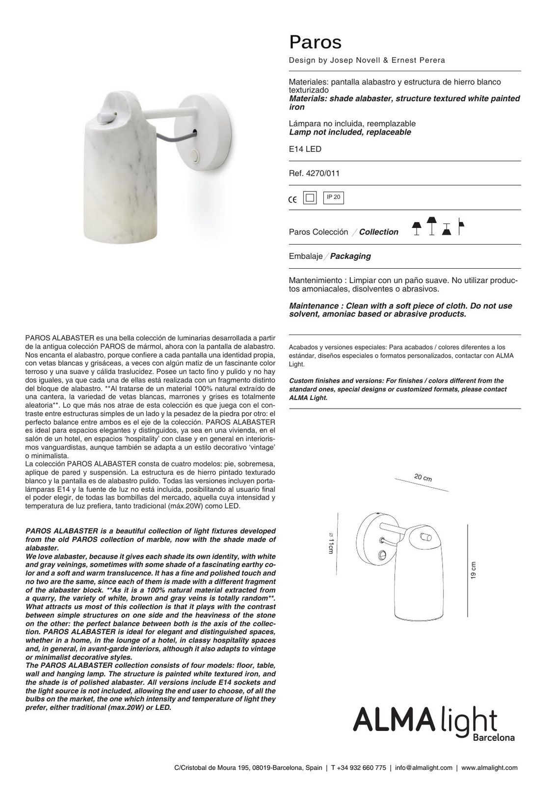 Paros Alabaster Wall Lamp (ref. 4270) dimensions