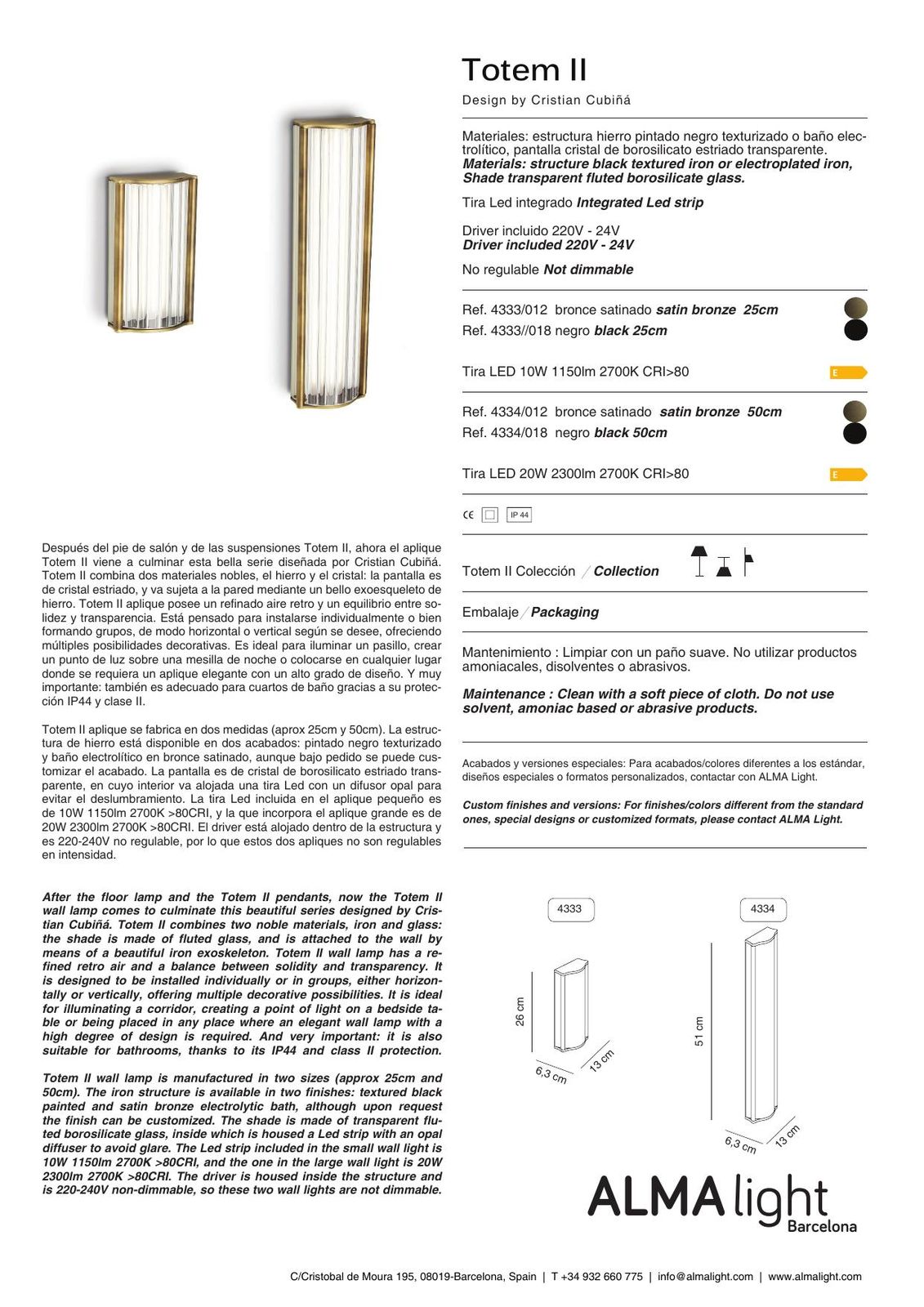 Totem II Wall Lamp (ref. 4333) dimensions
