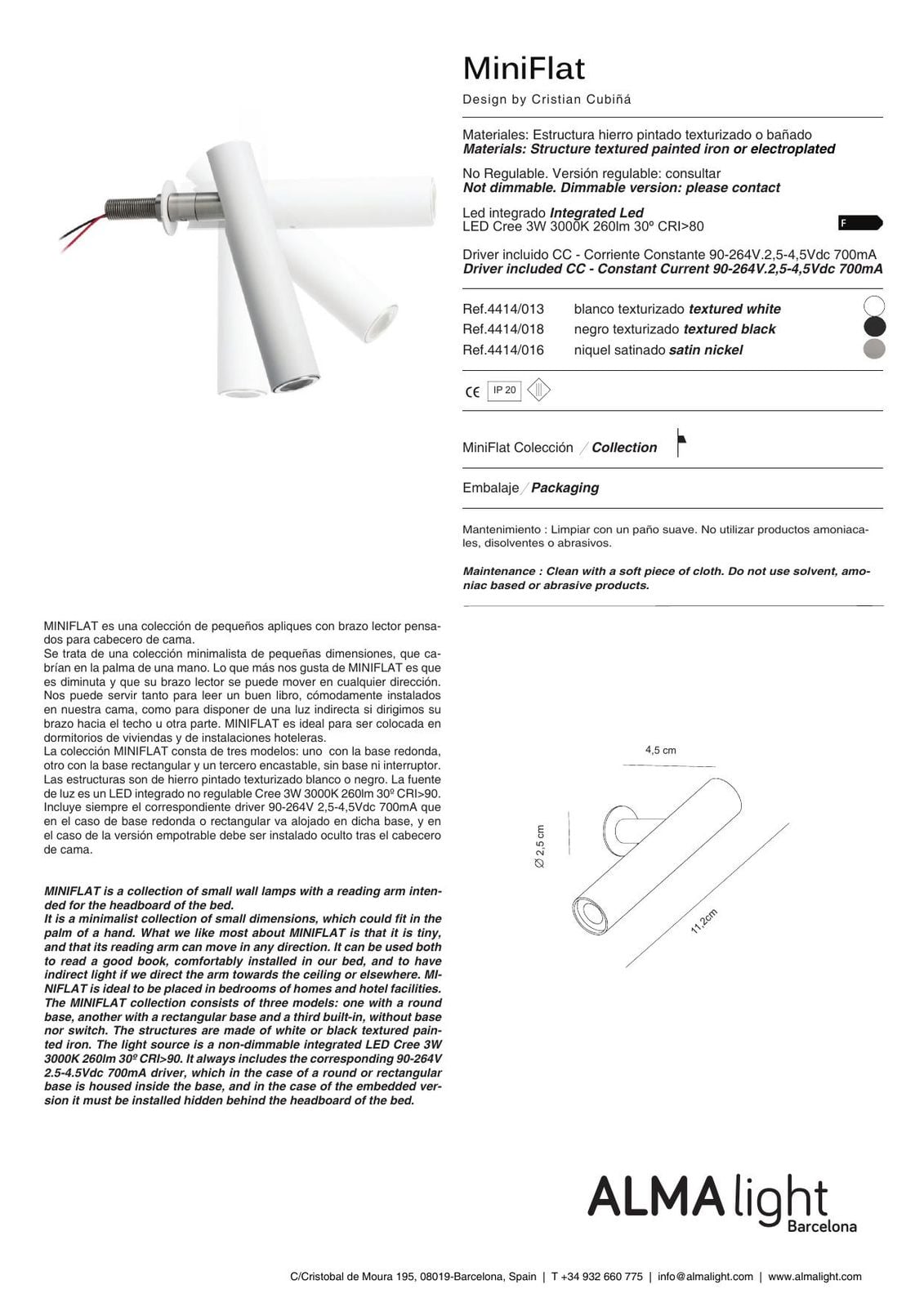 Mini Flat Wall Lamp (ref. 4414) dimensions