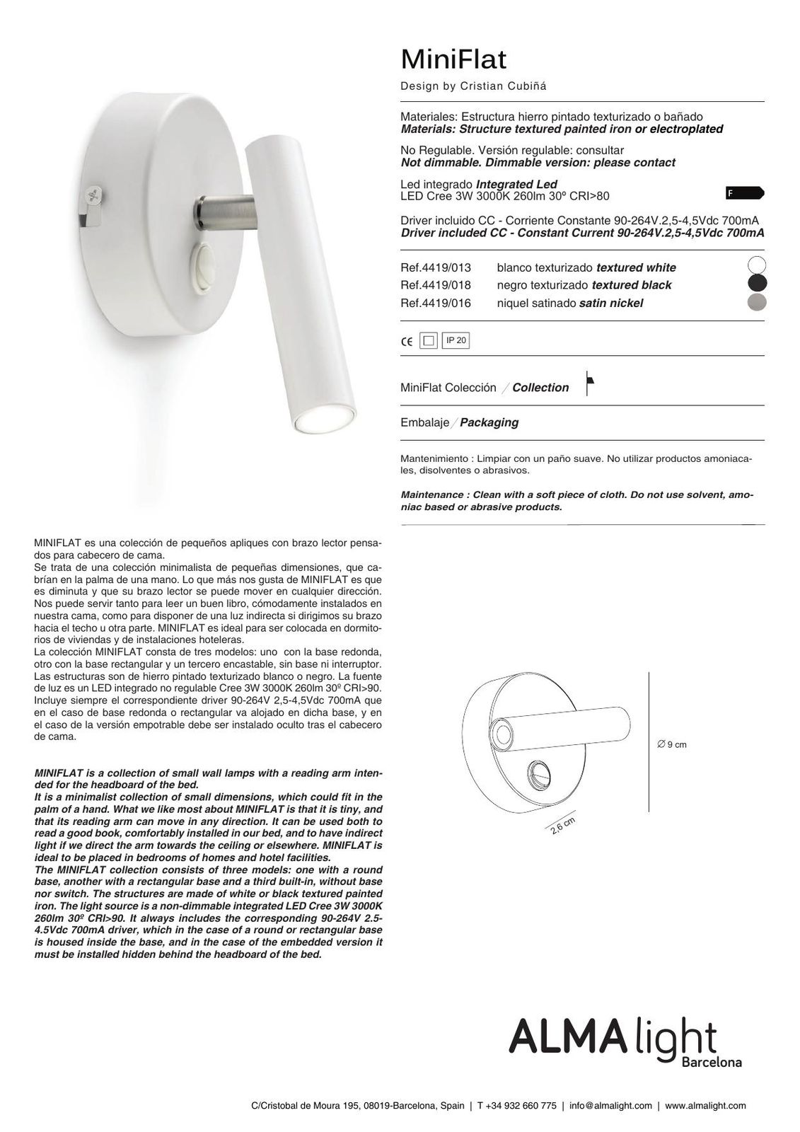 Mini Flat Wall Lamp (ref. 4419) dimensions