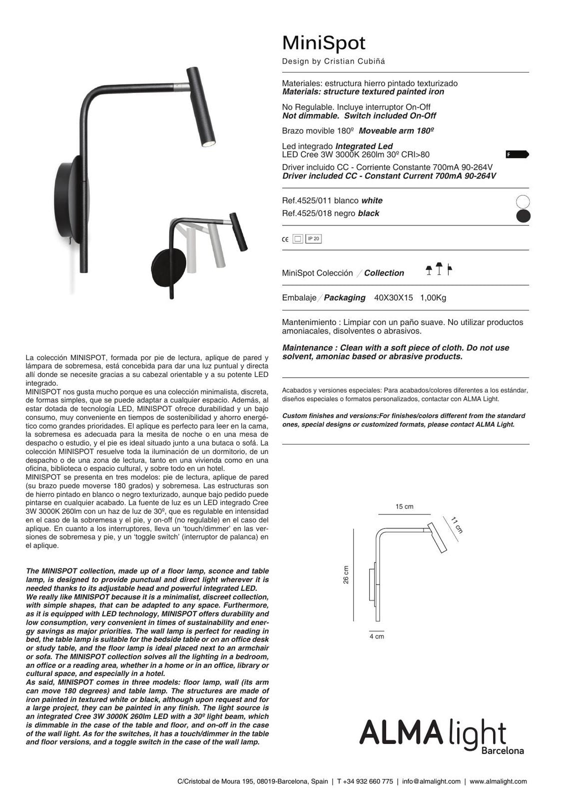 MiniSpot Wall Lamp (ref. 4525) dimensions
