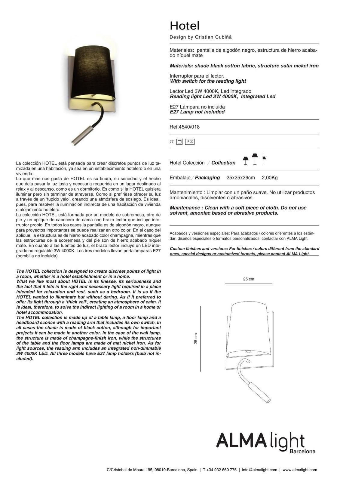 Hotel Wall Lamp (ref. 4540018) dimensions