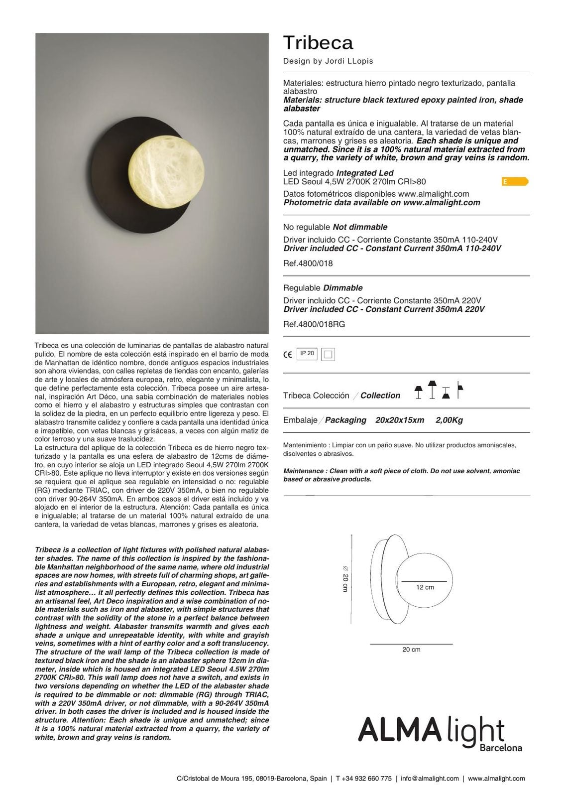 Tribeca Wall Lamp (ref. 4800018) dimensions