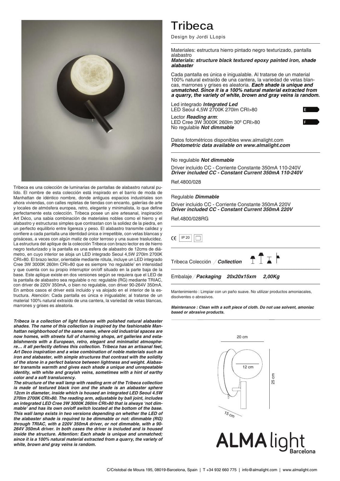 Tribeca Wall Lamp (ref. 4800028) dimensions