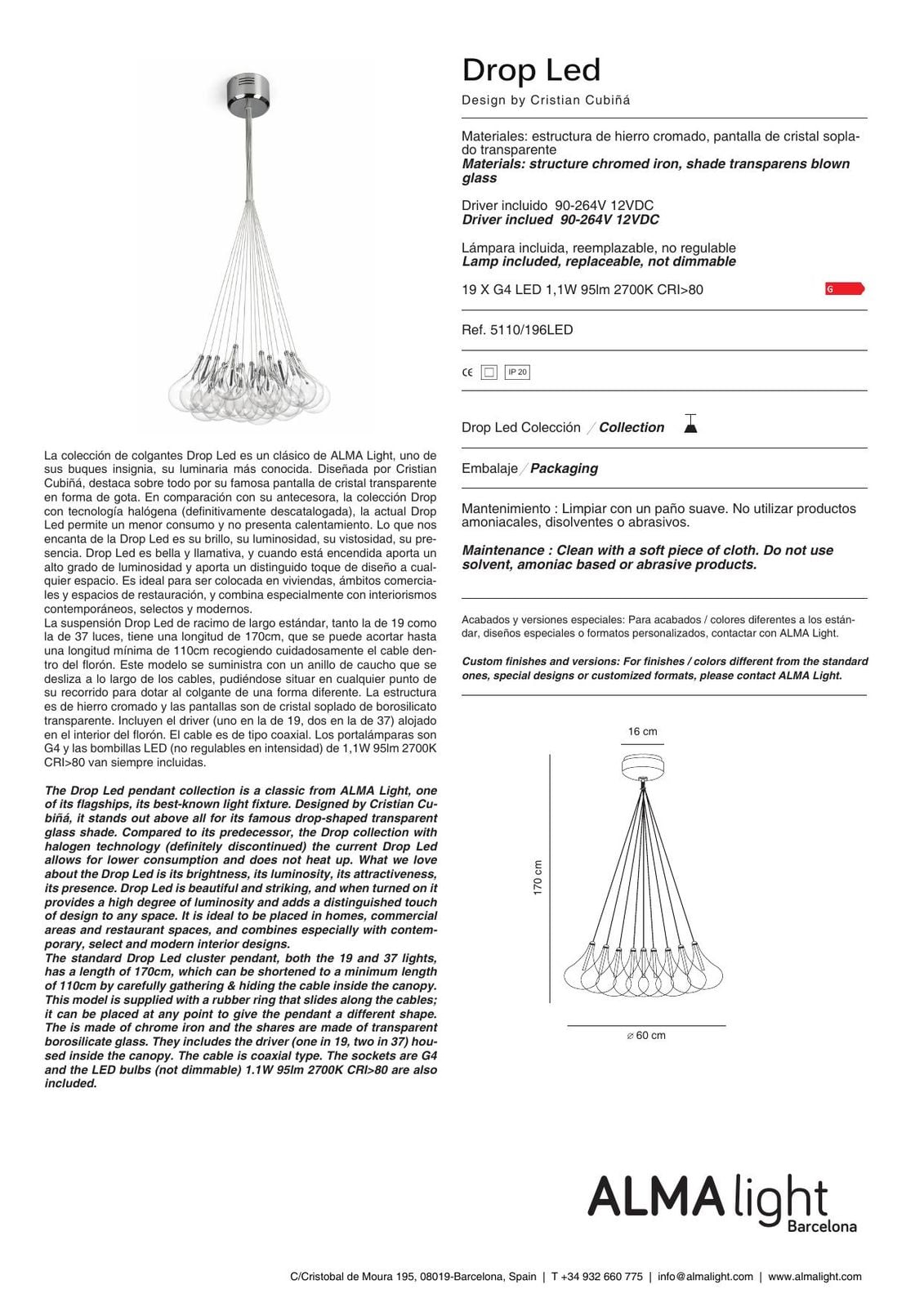 Drop Led Ceiling Lamp (ref. 5110LED) dimensions