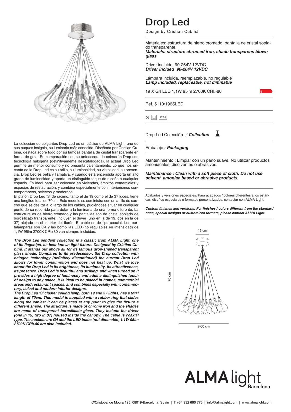 Drop Led Ceiling Lamp (ref. 5110SLED) dimensions