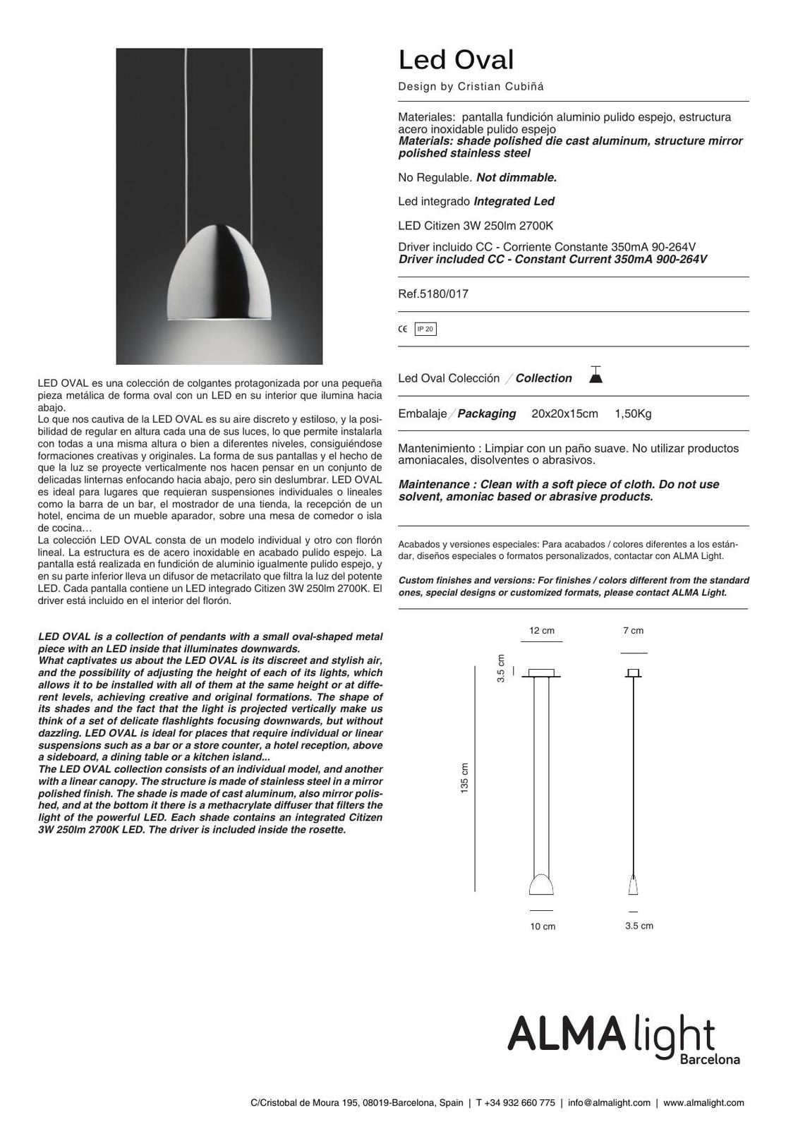 Led Oval Pendant Lamp (ref. 518001) dimensions