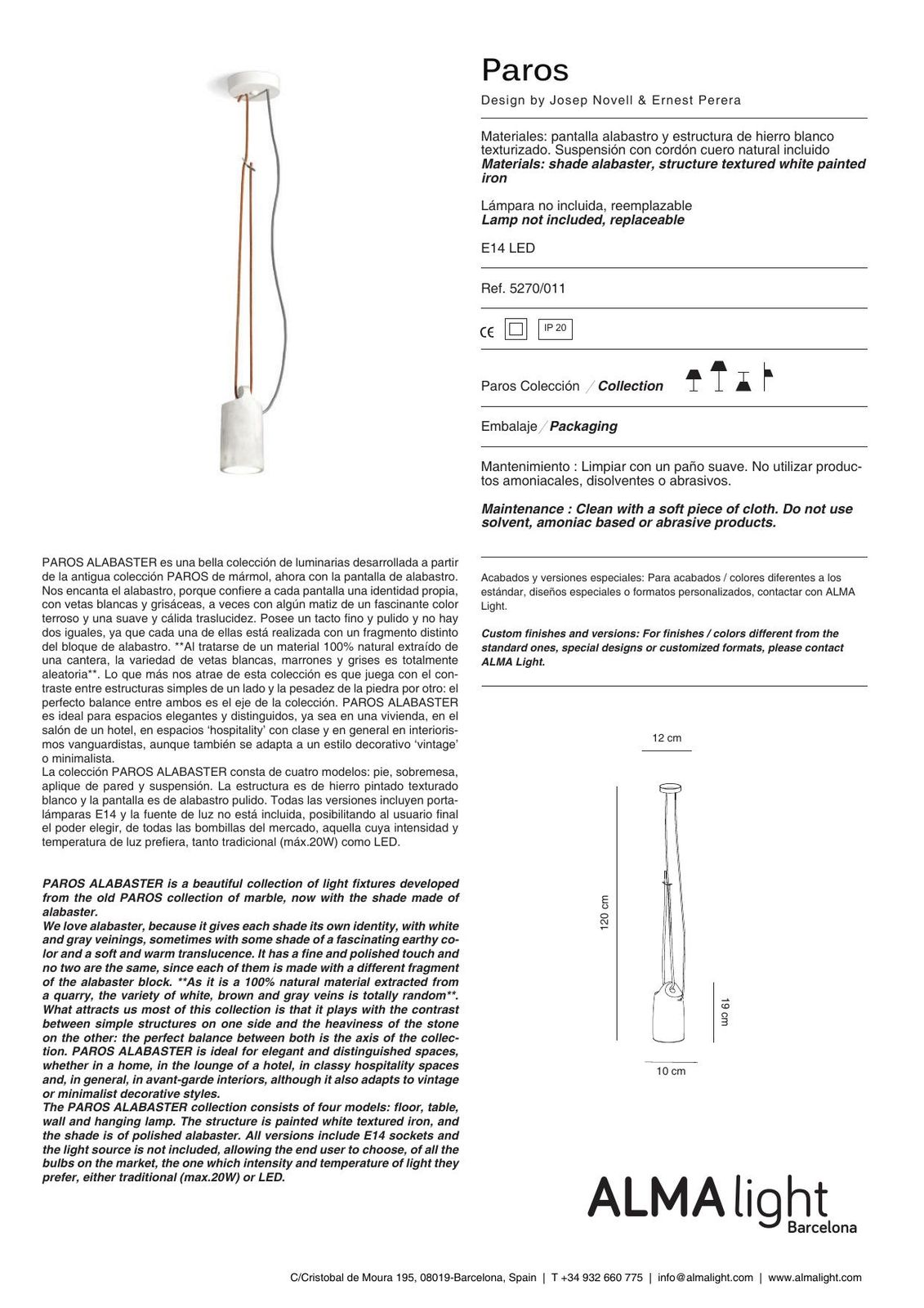 Paros Alabaster Wall Lamp (ref. 5270) dimensions