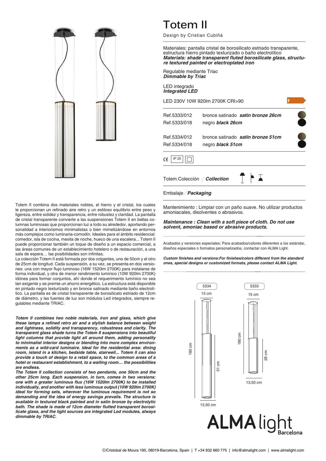 Totem II Wall Lamp (ref. 5333) dimensions