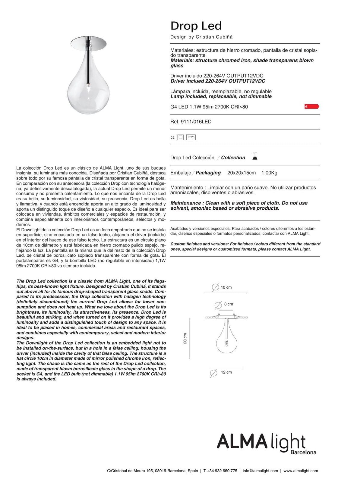 Drop Led Ceiling Lamp (ref. 9111LED) dimensions