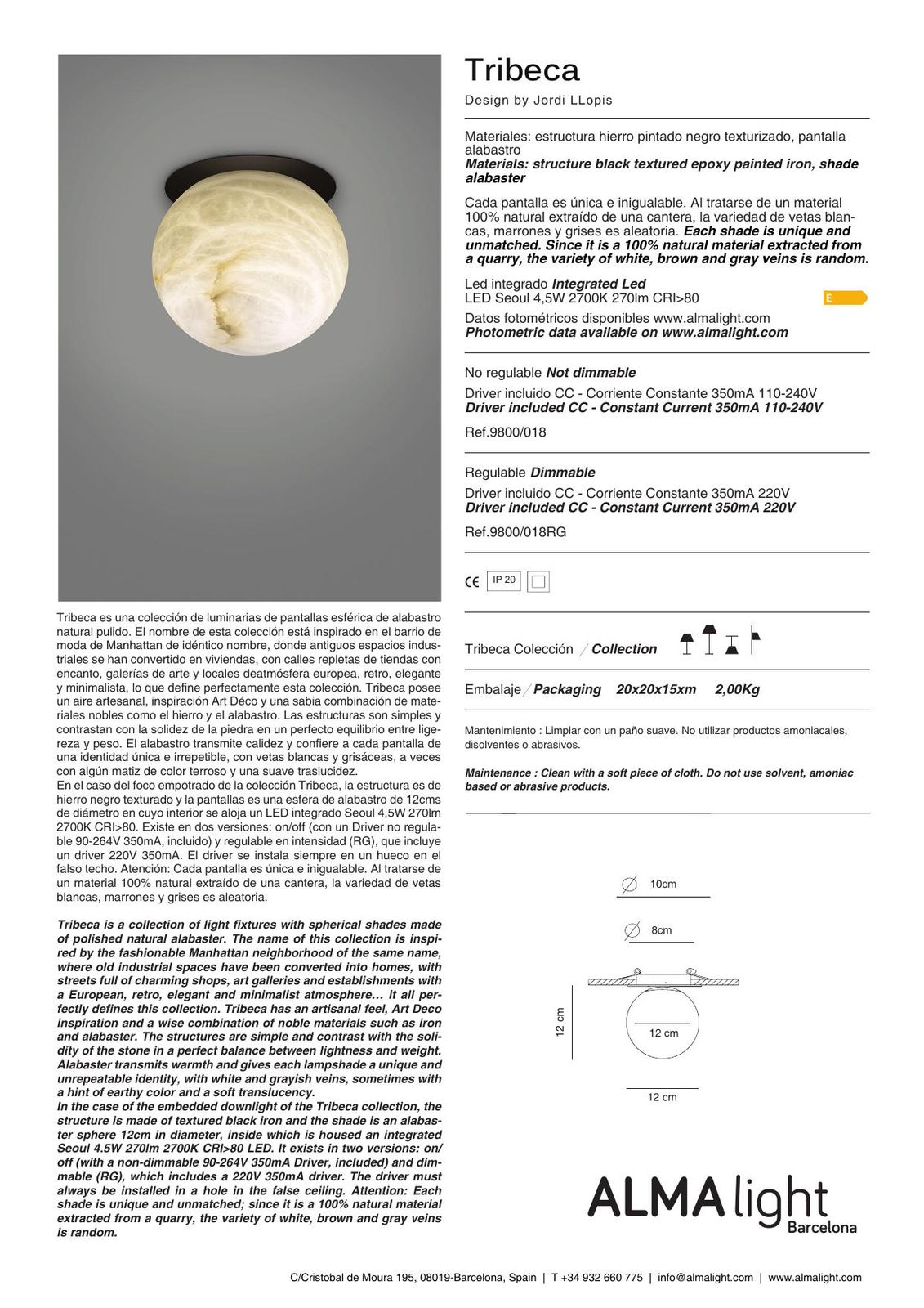 Tribeca Wall Lamp (ref. 9800018) dimensions