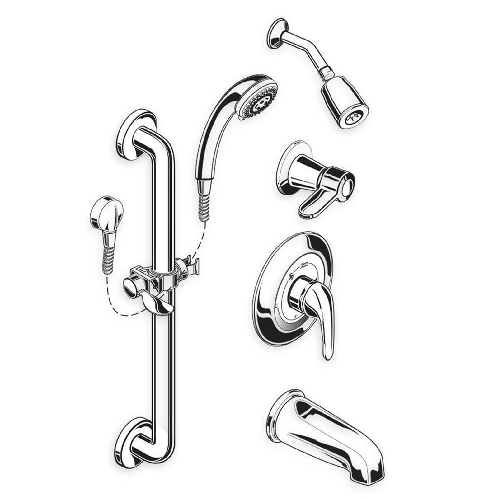 Commercial Shower Systems 1.5 GPM 36-in. 3-Function Hand Shower Kit with Slide-Grab Bar and Diverter Tub Spout by American Standard