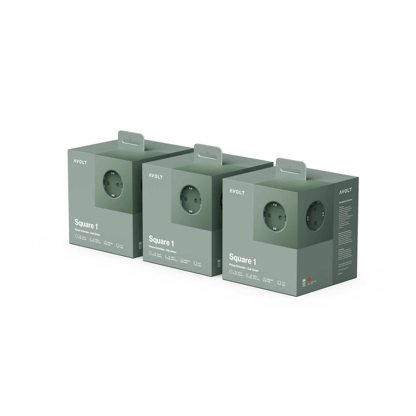Square 1 3-Pack Oak Green USB-C power strip by Avolt