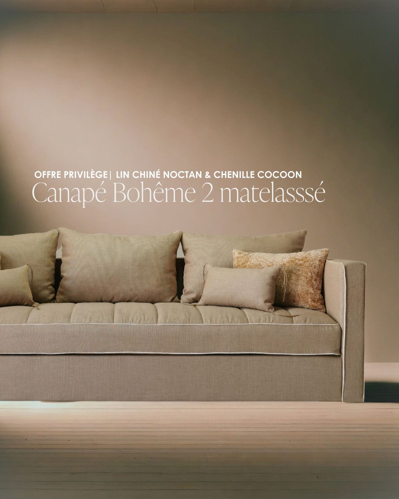 Canapé Bohème 260 cm matelassé en lin chiné Noctan beige Cappuccino by Bérengère Leroy