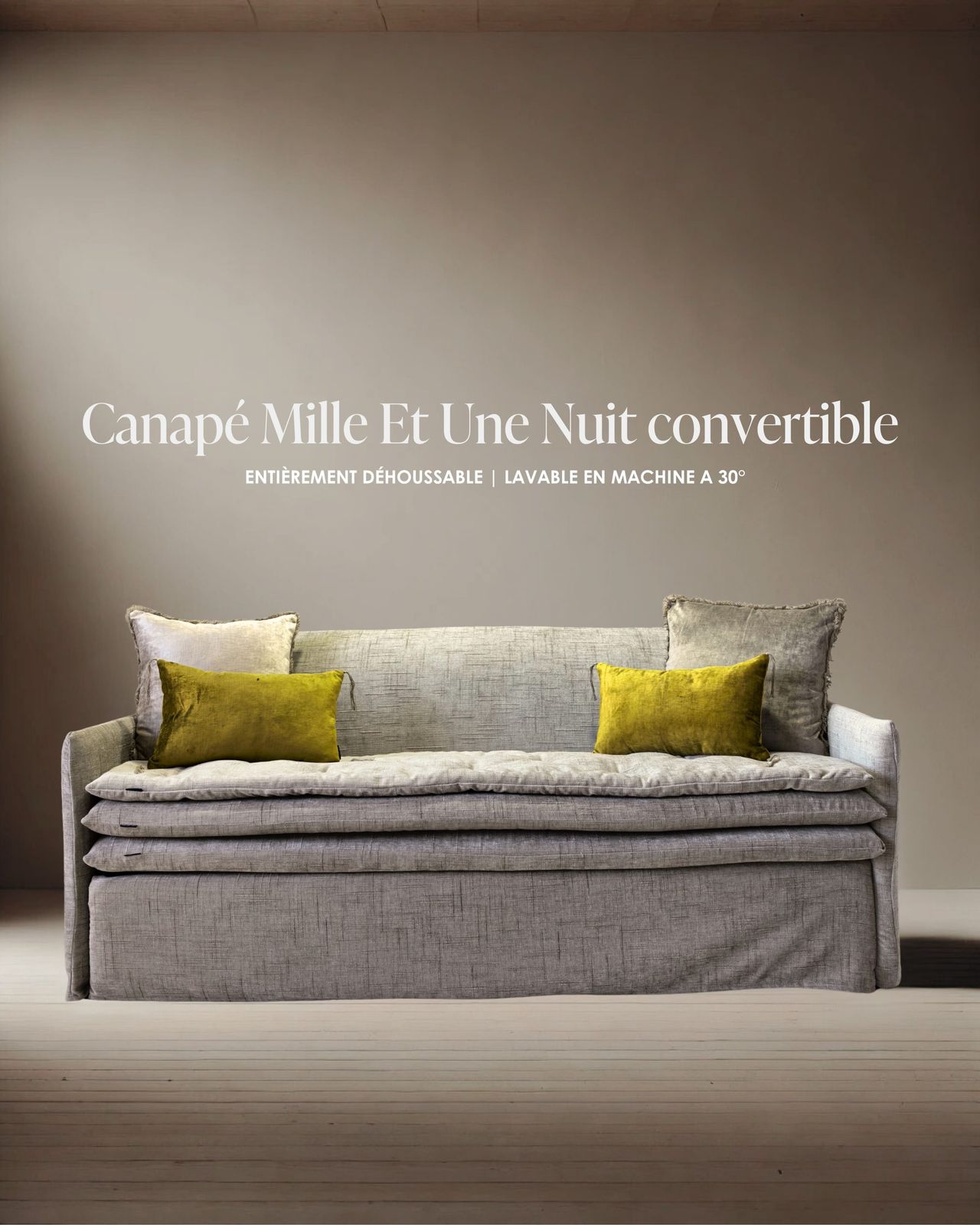 Canapé convertible Mille Et Une Nuit 200 cm en Tribu beige ciment ( couchage 160 cm ) / Fabriqué en France by Bérengère Leroy