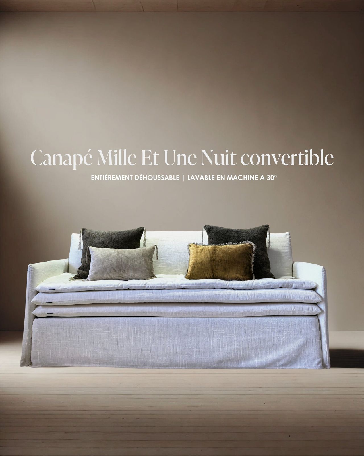 Canapé convertible Mille Et Une Nuit 200 cm en Tribu craie ( couchage 160 cm ) / Fabriqué en France by Bérengère Leroy