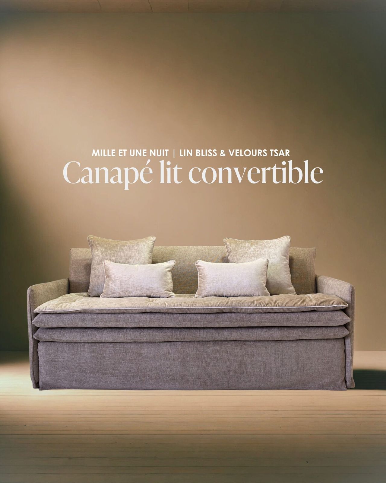 Canapé lit convertible Mille Et Une Nuit 200 cm en lin Bliss nude / Fabriqué en France by Bérengère Leroy
