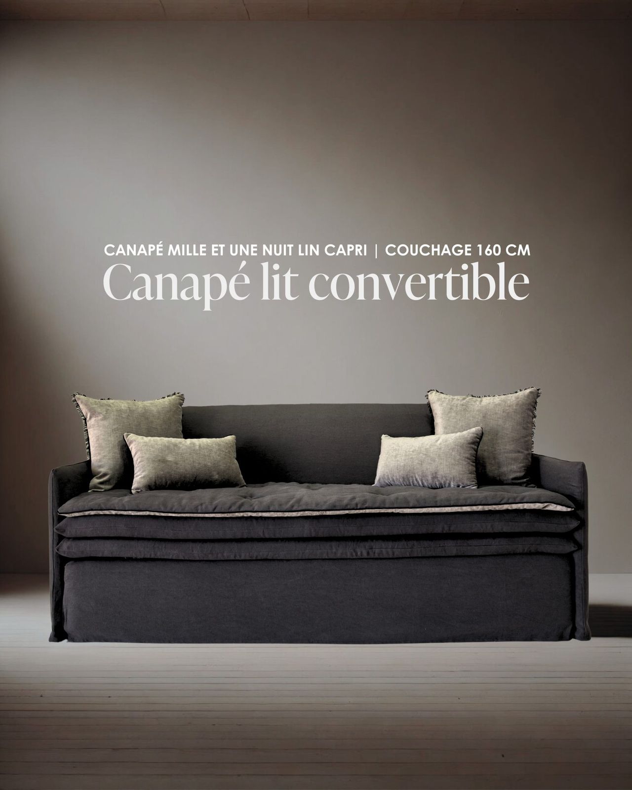 Canapé lit convertible Mille Et Une Nuit 200 cm en lin lavé Capri carbone / Fabriqué en France by Bérengère Leroy