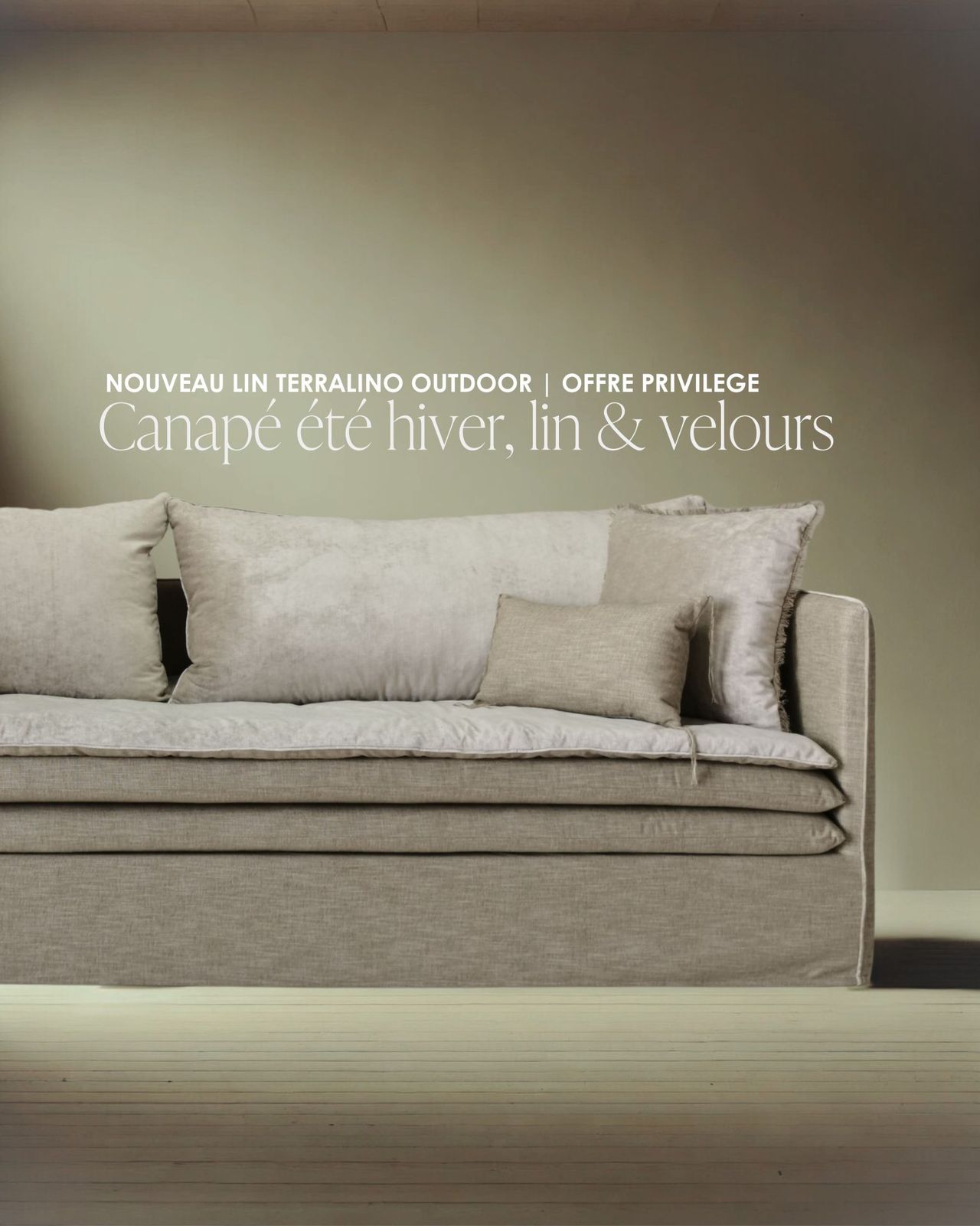Canapé Mille Et Une Nuit 240 cm lin Terralino sable & velours Tsar sable by Bérengère Leroy