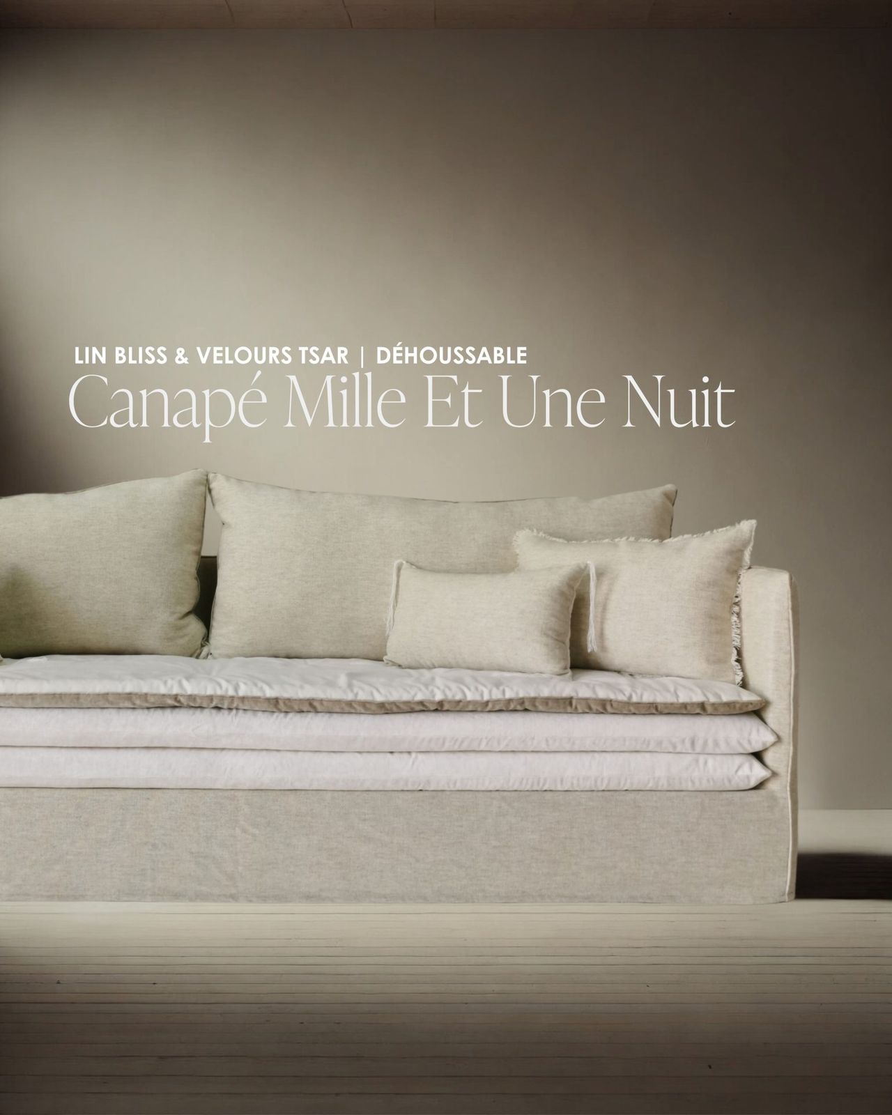 Canapé Mille Et Une Nuit 250 cm lin Bliss craie & velours Tsar by Bérengère Leroy