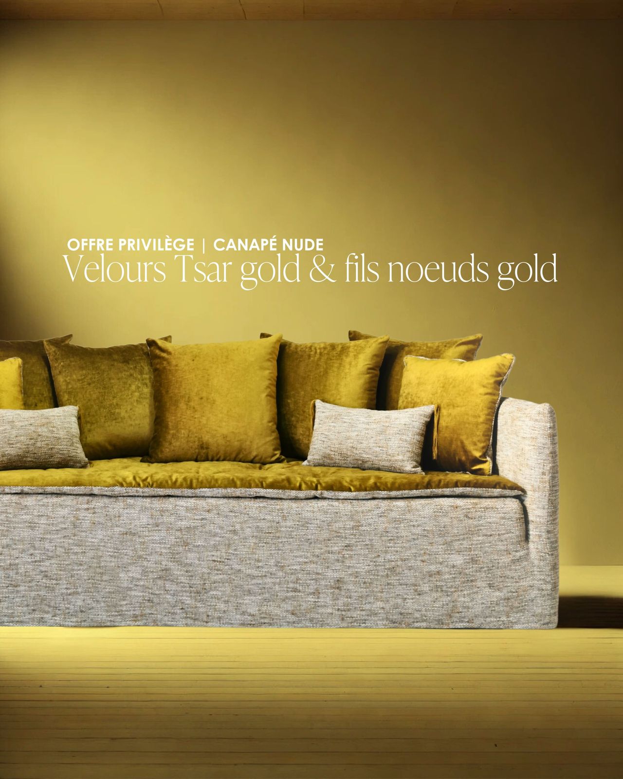 Canapé Nude 230 cm velours Tsar gold et chiné Swing by Bérengère Leroy