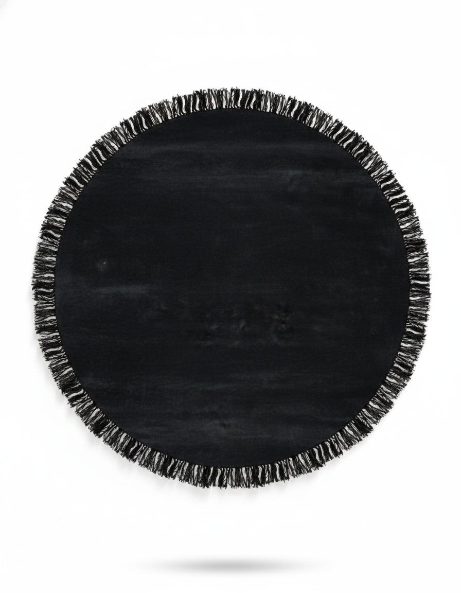 Tapis Tsar noir rond franges lin noir by Bérengère Leroy