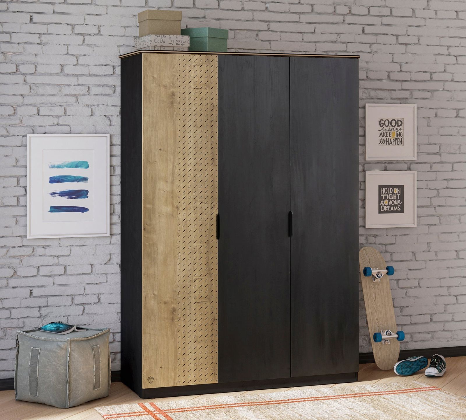 Black 3 Doors Line Wardrobe by Cilek
