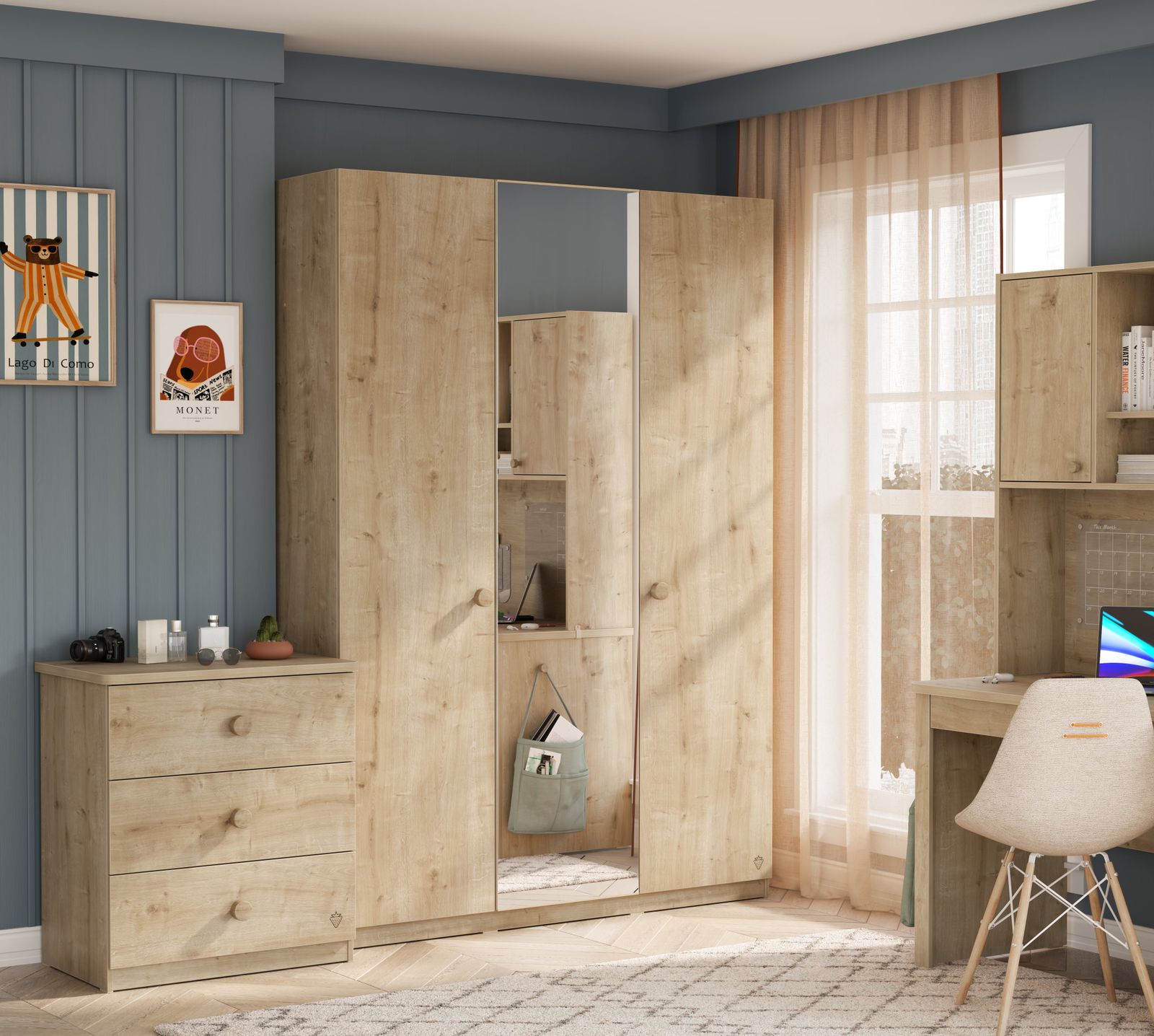 Mocha 3 Doors Wardrobe With Mirror by Cilek