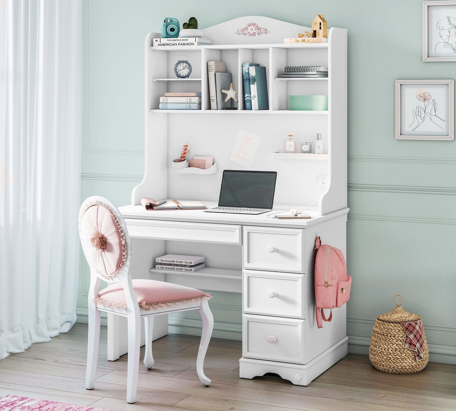 Rustic White Small Study Desk (With Unit) by Cilek