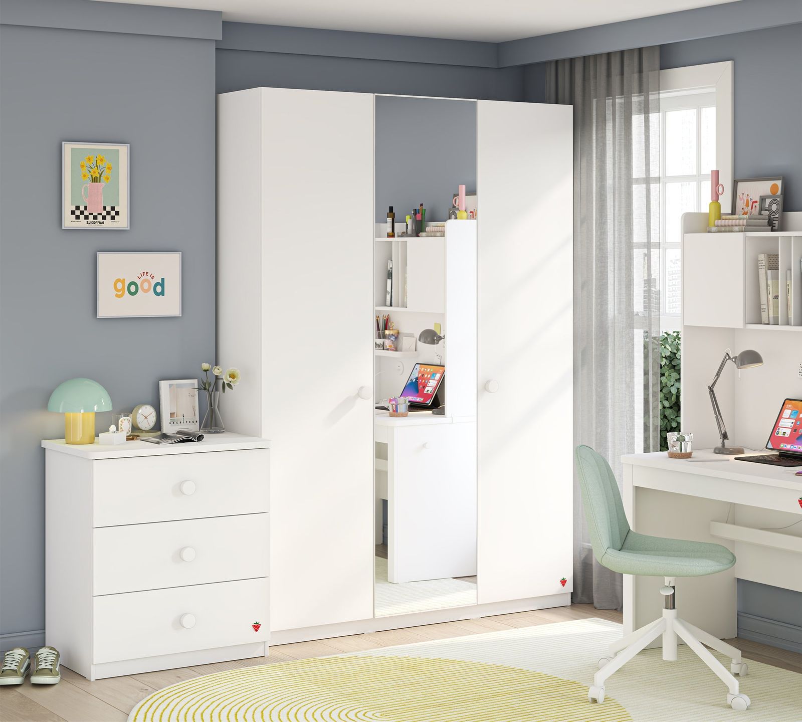 Varia White 3 Doors Wardrobe With Mirror by Cilek