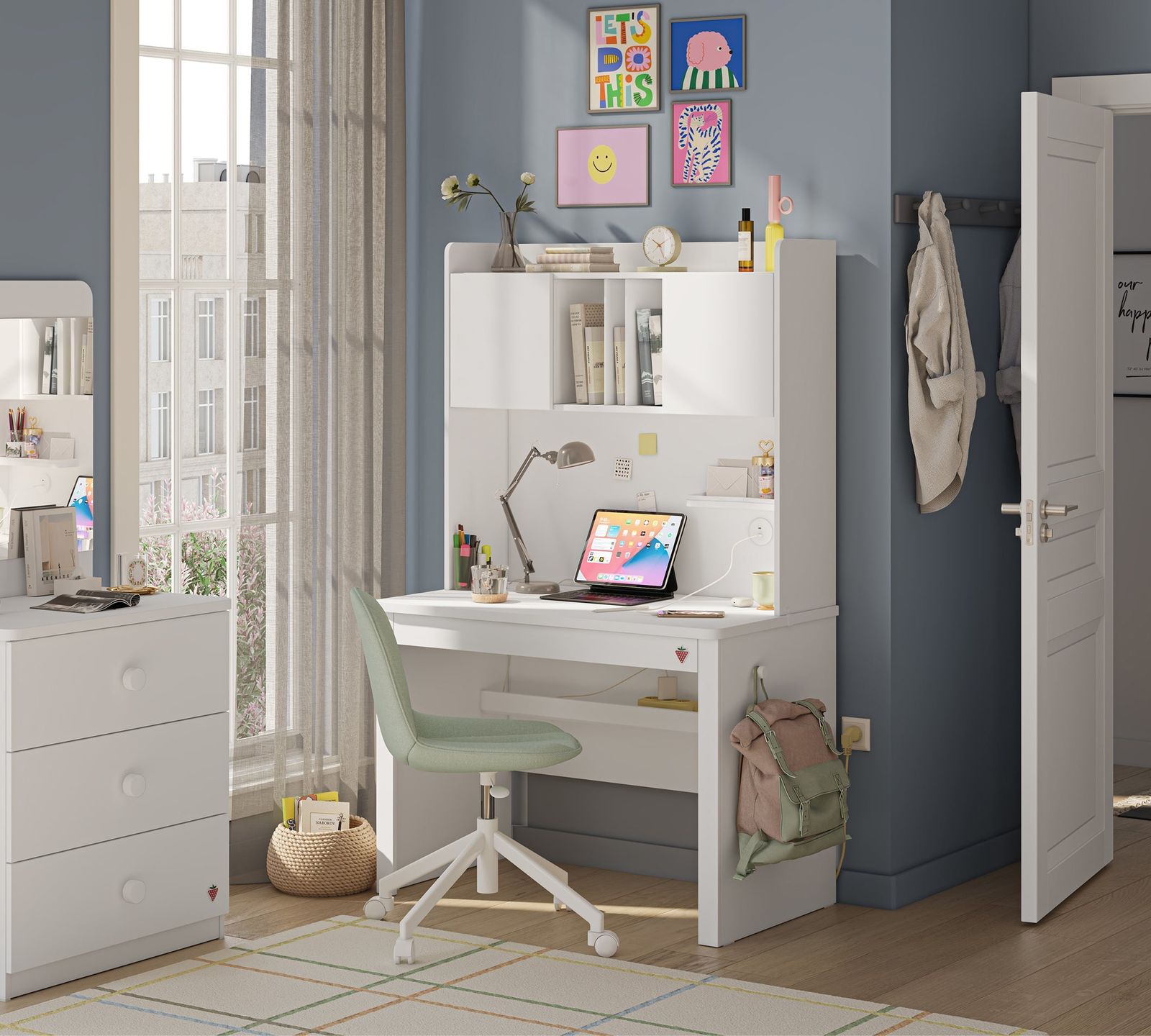 Varia White Small Study Desk (With Study Unit With Cabinet) by Cilek
