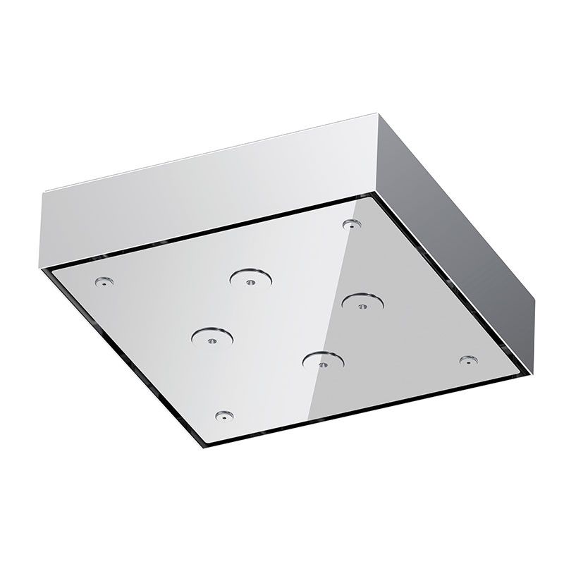 Square ceiling showerhead with 4 nebulized jets, 20x20cm, height 5cm, mirror polished stainless steel. by Daniel Rubinetterie