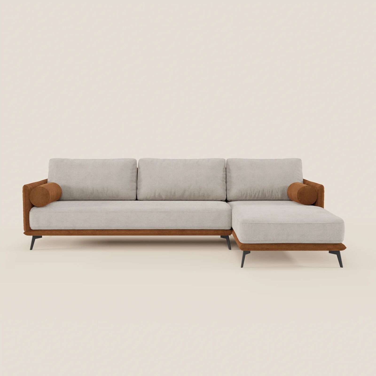Basalto divano bicolore angolare con penisola e base in metallo - schienali in piuma e tessuto smacchiabile T31 by Divani Store