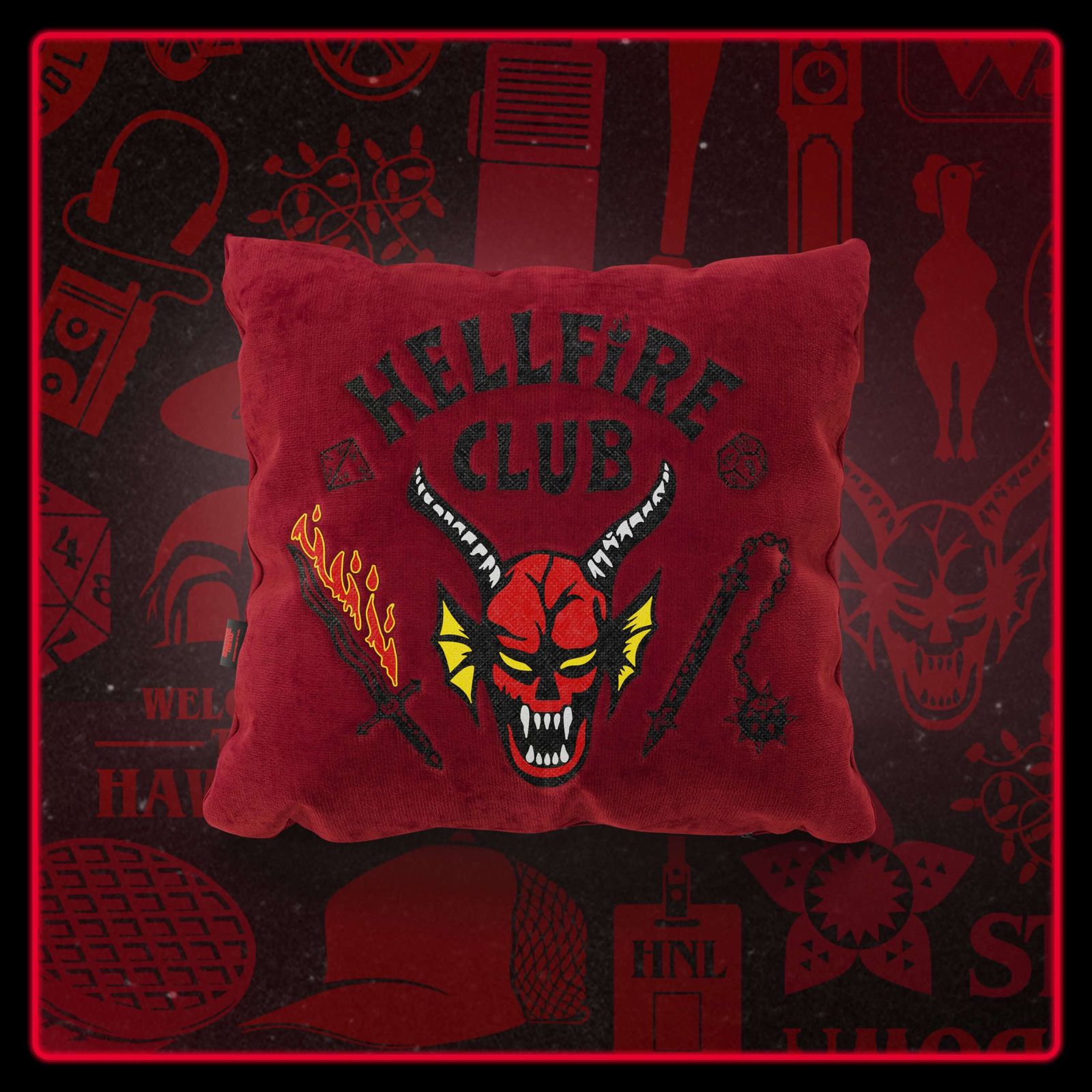 Cushion Hellfire club stranger things Limited Edition with Ricamo – fabric stain-resistant 45x45 by Divani Store