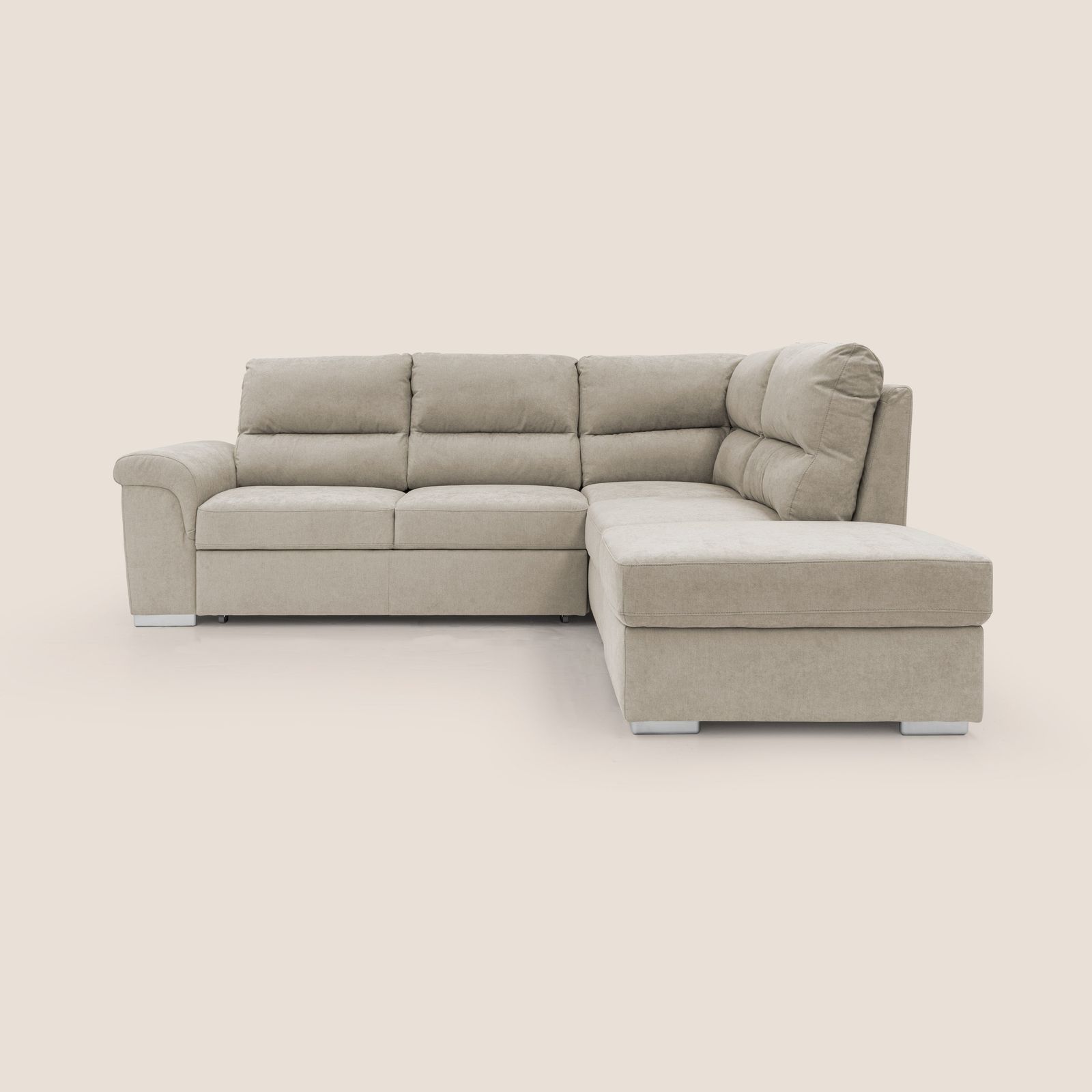 Minerva sofa corner with pull-out a cassettone and pouf storage in fabric soft water-repellent by Divani Store